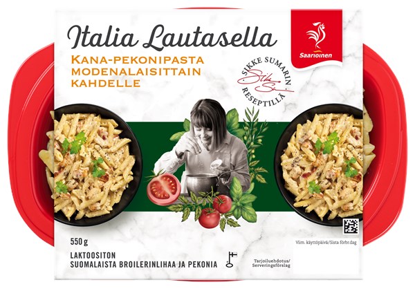 Kana-pekonipasta modenalaisittain kahdelle 550 g