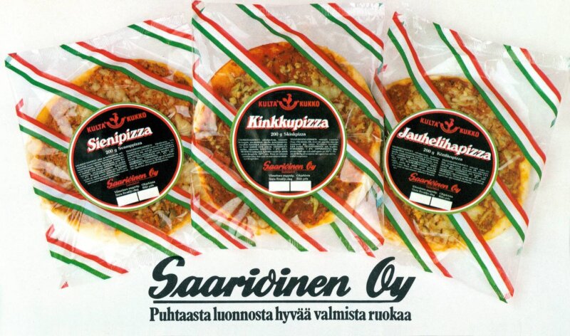 Kuvassa on Saarioisten pizzoja 1980-luvulta: Sieni-, Kinkku- ja Jauhelihapizza.