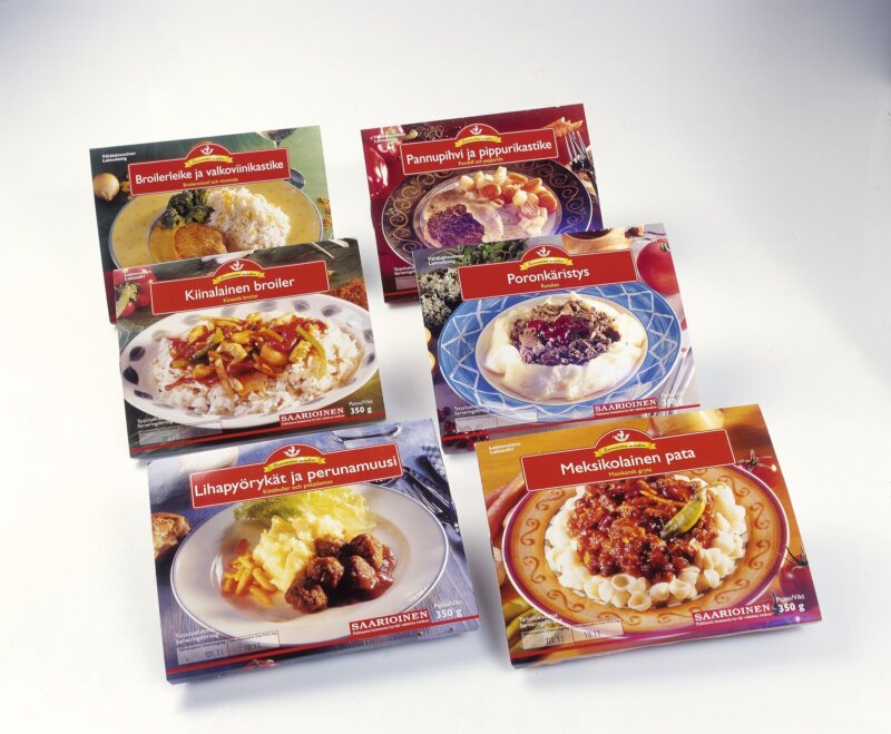 Kuvassa on Saarioisten tuotteita 1990-luvulta.