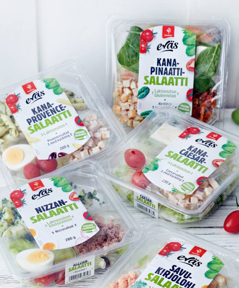 Kuvassa on Saarioisten Eväs-sarjan salaatteja 2010-luvulta.