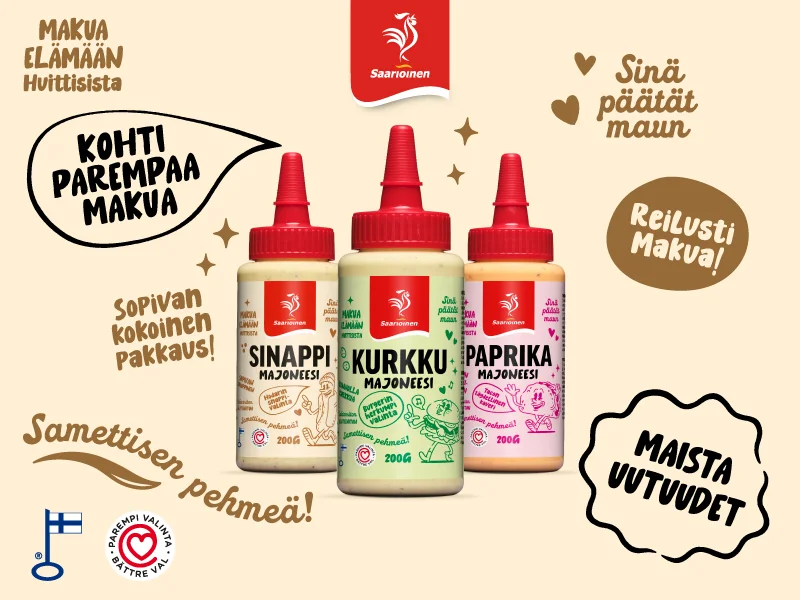 Kuvassa on Saarioisten majoneeseja: sinappi-, kurkku- ja paprikamajoneesi.