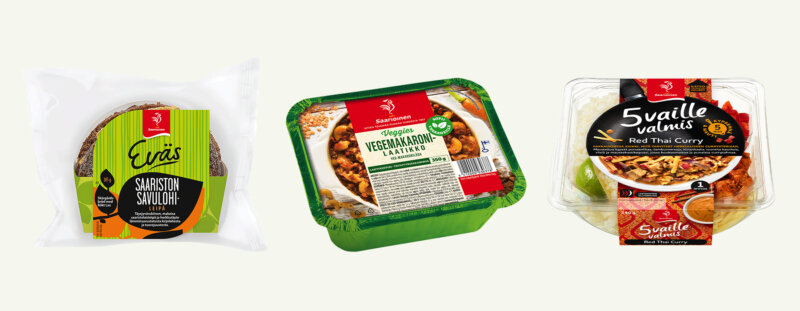 Kuvassa on Saarioisten 2010-luvun tuotteita: Saariston savulohileipä, Vegemakaronilaatikko ja 5 vaille valmis Red Thai Curry.