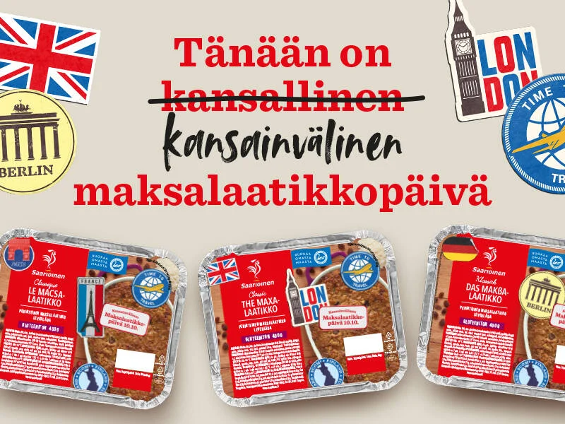 Kuvassa on Saarioisten maksalaatikkopäivän mainoskuva 2020-luvulta.