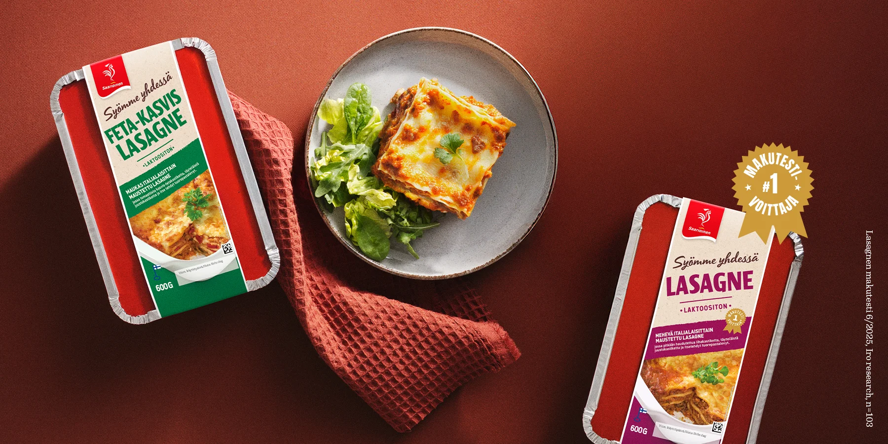 Kuvassa on kaksi Syömme yhdessä -sarjan lasagnea